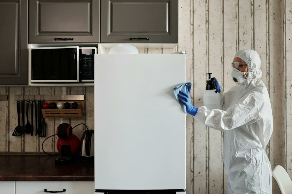 A woman in a protective suit from Spotless Spaces cleaning a refrigerator.